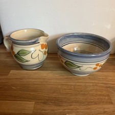 Artisan Pottery Jug Creamer Pitcher & matching bowl Folk Art Berries Bargain