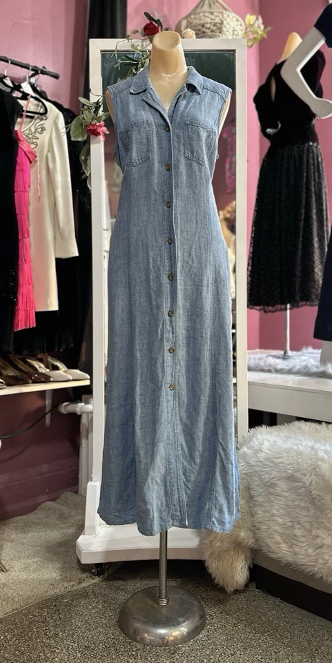 Maxi Vestido Vintage Años 90 Lino Sin Mangas Botones Minimalista Lavado Claro M/L Foto 2 de 4