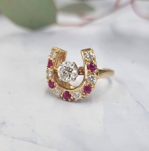 2Ct Round Lab Created Ruby & Diamond Lucky Horseshoe Ring 14k Yellow Gold Finish - Picture 5 of 6