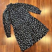 Madewell Black Dress Floral Print Long Sleeve Ruffled Shoulder Detail Womens XS