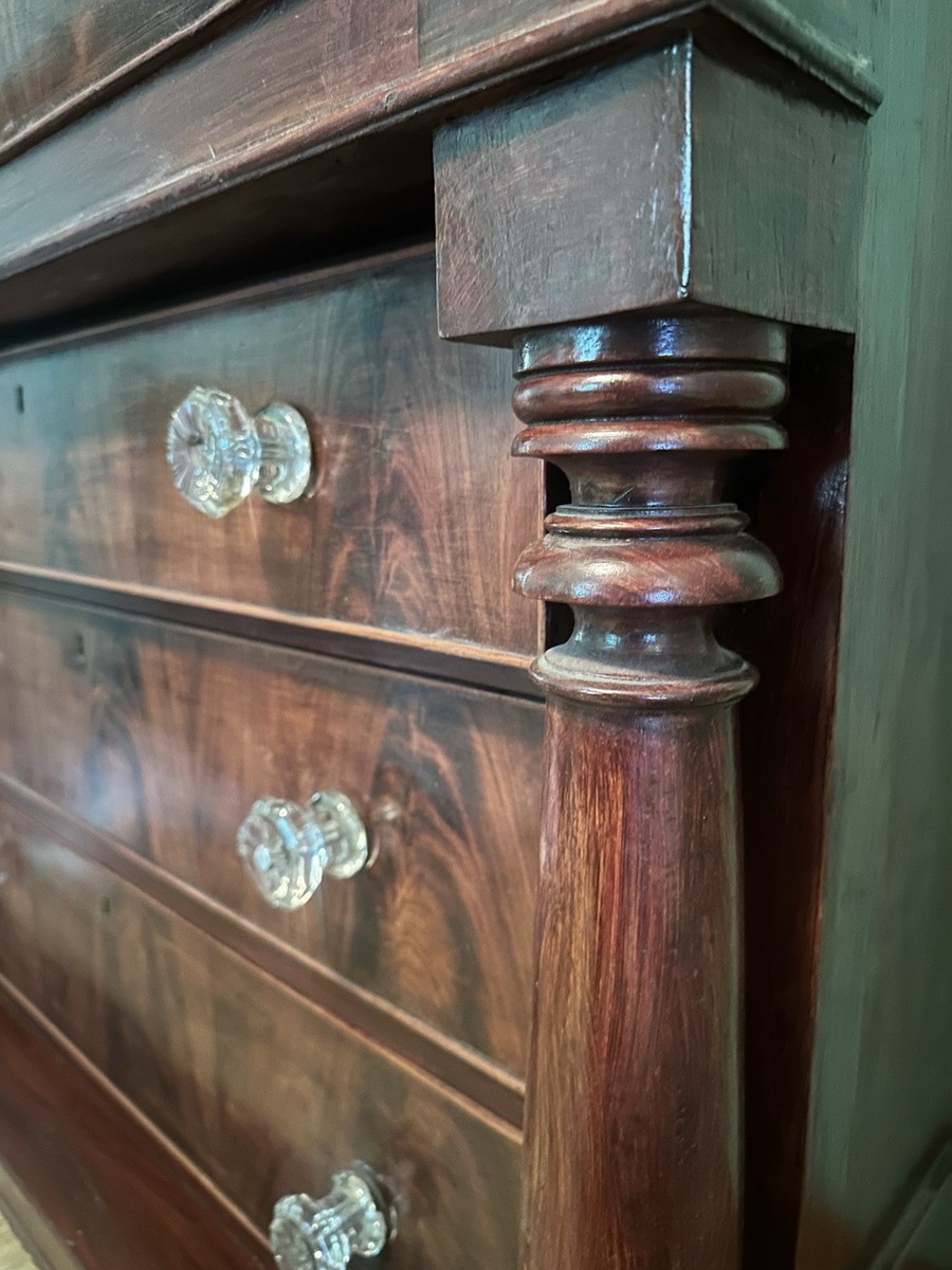 Antique 1800s Empire Mahogany Dresser w/ Glass Knobs & Column