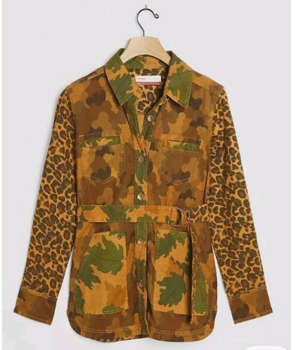 Pilcro Camo Cat Utility Jacket XS Brown Orange Leopard Camouflage Anthropologie