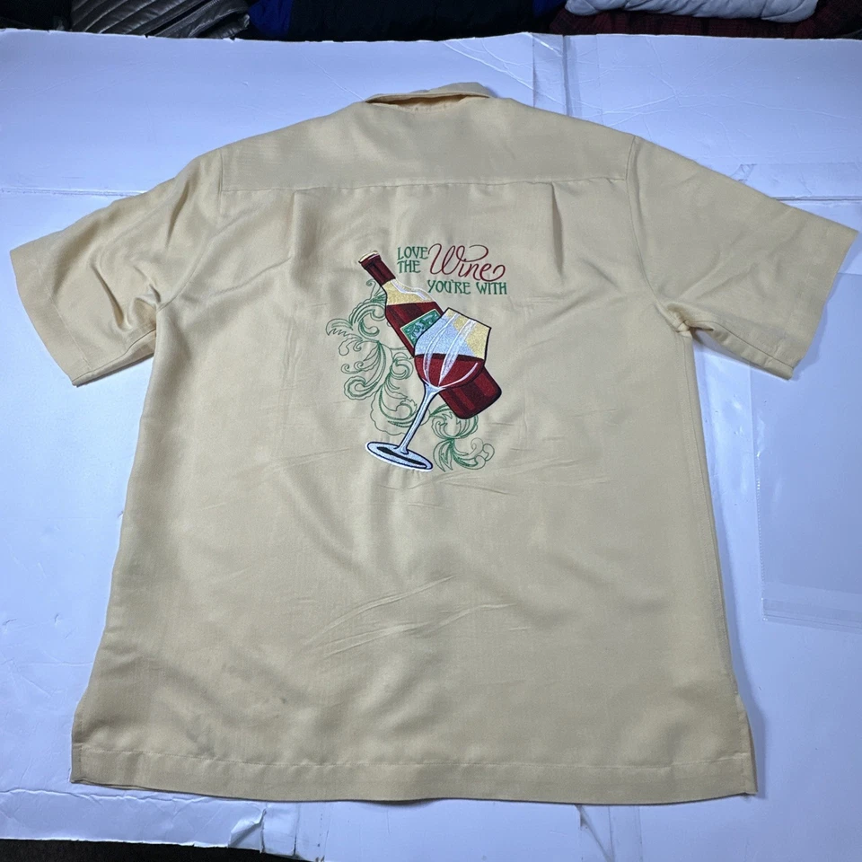 Caribbean Mens Hawaiian Shirt Sleeve Shirt Embroidered Wine Yellow Sz- M #2286 - Image 2 of 4