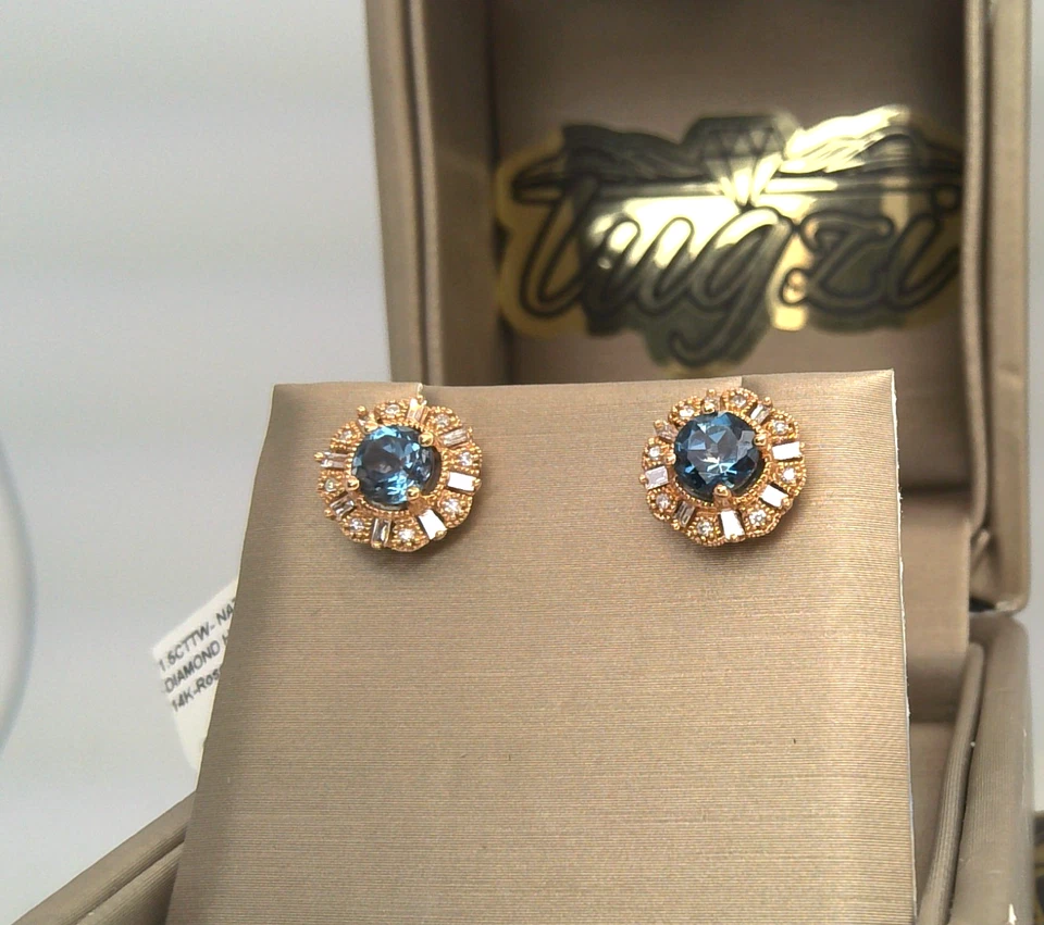 14K ROSE GOLD ⭐ $2600 GENUINE London BLUE TOPAZ & NATURAL DIAMOND Earrings STUDS - Image 3 of 4