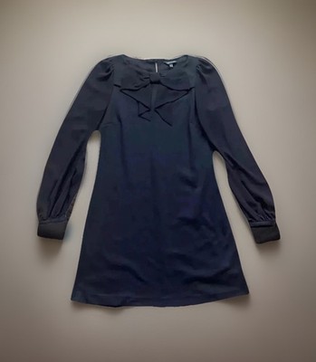 WAREHOUSE ladies A line dress bow neck jersey chiffon sleeve Black 10