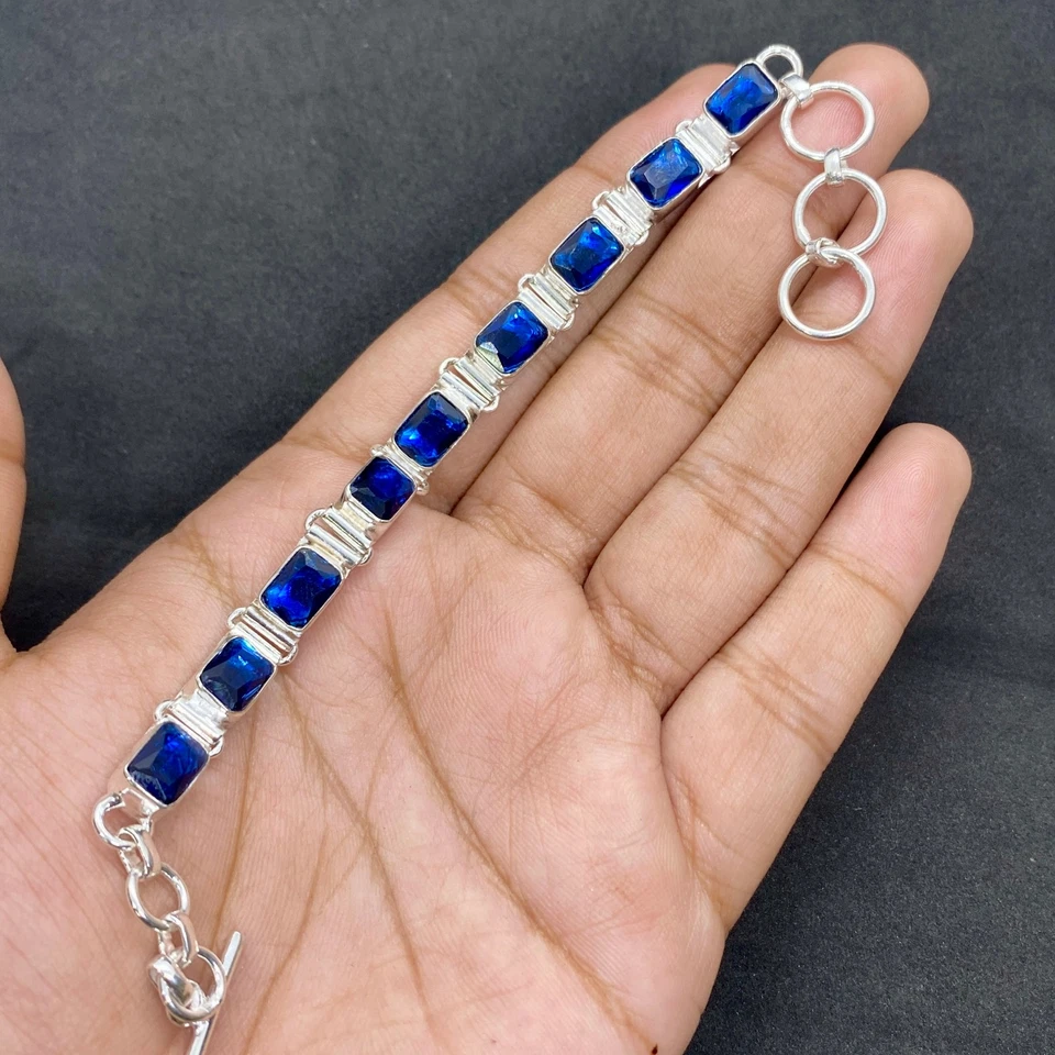 Brazalete de cadena de joyería de piedras preciosas de tanzanita azul corte rosa de plata de ley 925 Foto 3 de 3