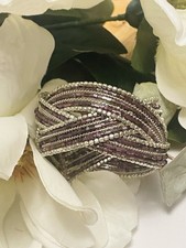 Purple Silver Beaded Cuff Bracelet Multi Strand Seed Bead Woven Statement
