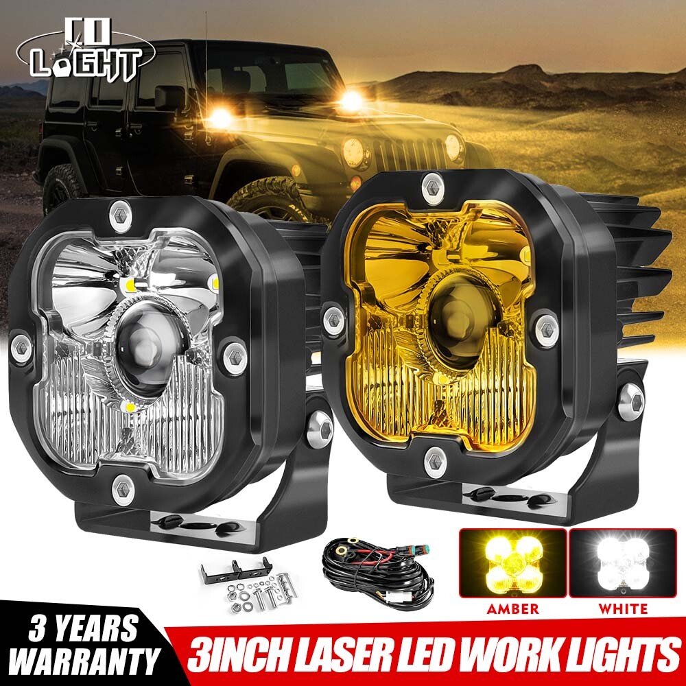 Pair Laser 3'' LED Cube Pods Light  Spot Flood 30000lm w/2-lead Wire 4WD 4X4 UTV
