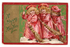 1908 Embossed New Year PC: Girls in Pink Dresses Sweeping the Snow – Series 139