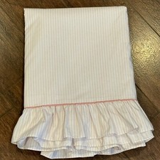 Vintage Laura Ashley Flat Sheet Full Size Rose Pink Ticking Stripe Top Ruffle