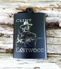 Clint Eastwood Laser Engraved Black Stainless Hip Flask 8 oz.