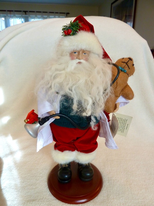 Doctor Santa by Tina Mitchell, with lab coat, stethoscope & bear. Orig Tag