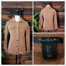 Tahari Sweater Size Small Teddy Jacket Mauve Soft Fuzzy Button Front Pockets