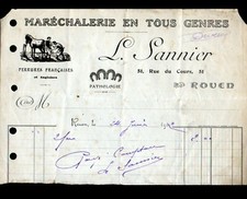 ROUEN (76) ATELIER de MARECHALERIE "L. SANNIER" Facture en 1920