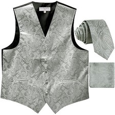 New formal Men's paisley slim fit Tuxedo Vest Waistcoat Necktie  Hankie Silver