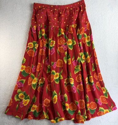 Vintage KT McKenzie Floral Midi Skirt Womens M Red Cottagecore Prairie Boho 90s