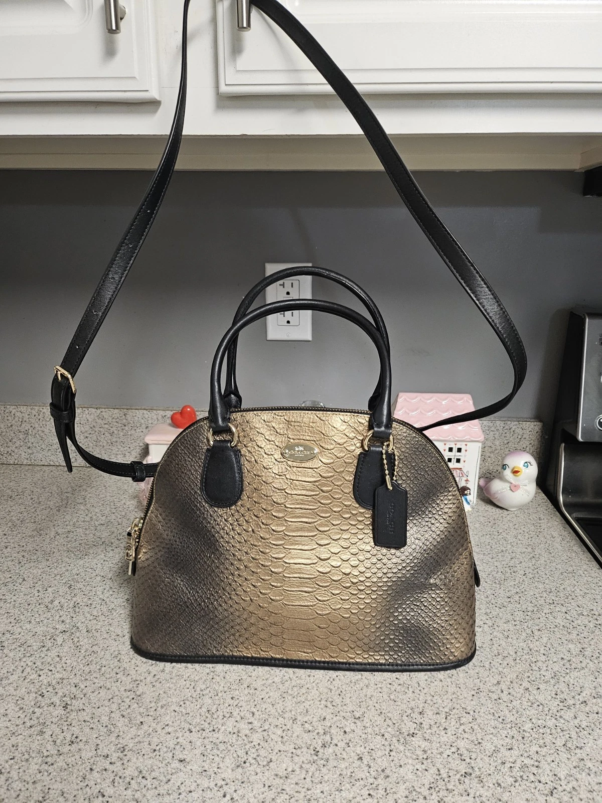 Coach Metallic Gold Snake-Embossed Dome Satchel Black Trim Zip Strap