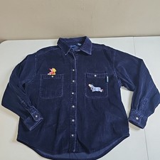 Vintage Disney Winnie The Pooh Embroidered Navy Blue Corduroy Button-Down SZ L