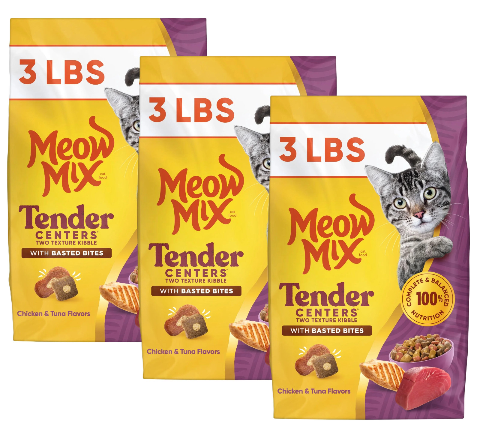 Meow Mix Tender Centers Chicken & Tuna Dry Cat Food, 3 lb Bag - 3 pack