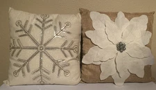 2 Christmas Pillows-1 Poinsettia-Bells in Middle & 1-Snowflake Off White Winter
