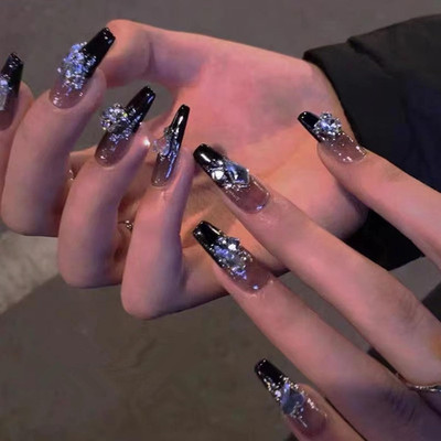 Pack von 24 Nagel-Art-Set, Press On Nails Medium Black French Tip, Mit Diamant-N
