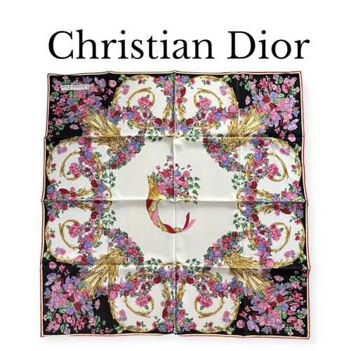 Christian Dior écharpe vintage en soie motif floral blanc rose 31,5 pouces