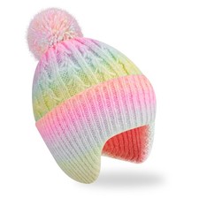 Kid Beanie Knit Hat with Earflap, Warm Winter Knit Hat with Pom, Childrens Th...