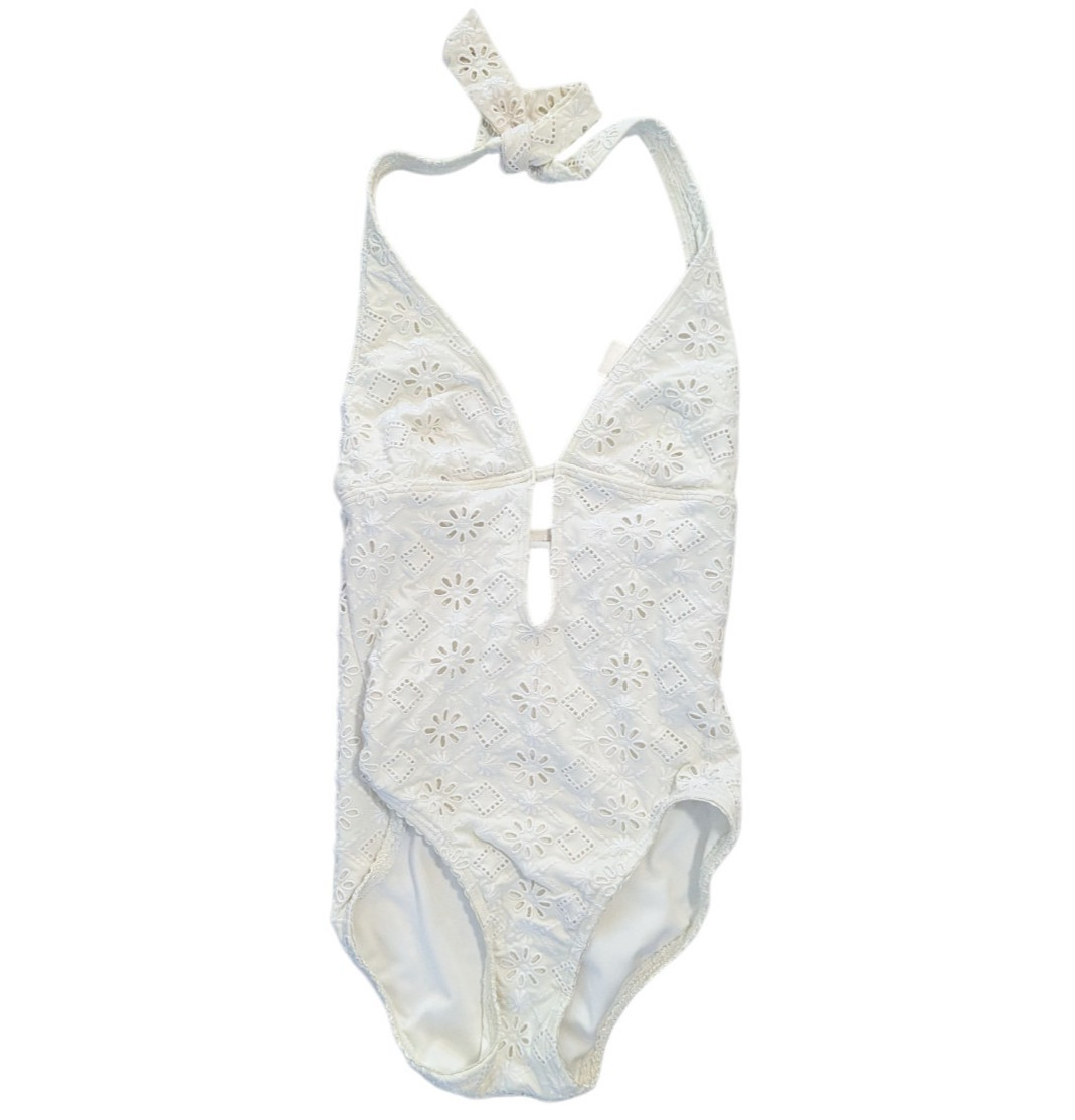 Kate Spade Eyelet One Piece Swimsuit Halter Plunge Cutout White Small S