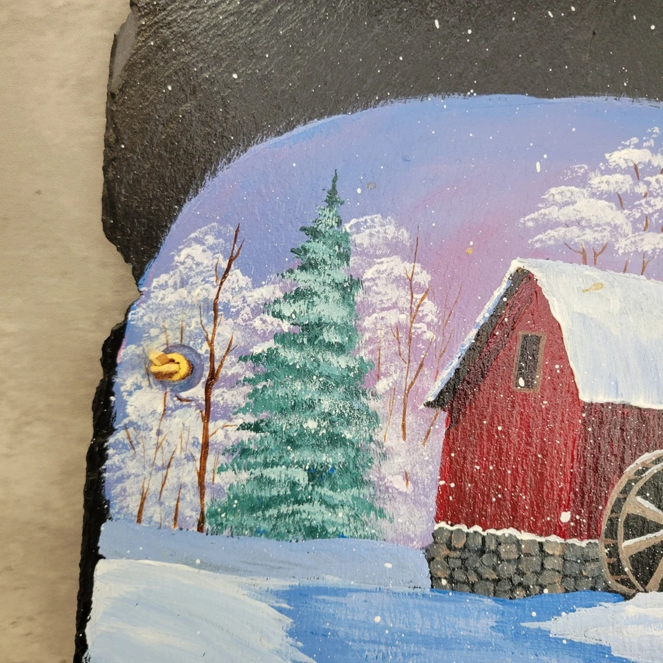Arte de parede vintage pintada à mão cena de inverno ardósia moinho vermelho decoração de casa - Imagem 4 de 4