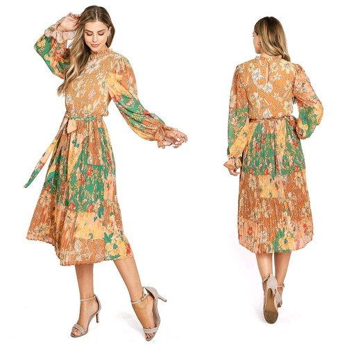 Flying Tomato Women's Modest Chiffon Pleated Boho Long Sleeve Midi Dress
