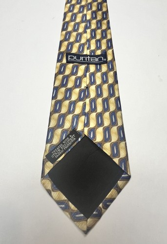Puritan Mens Tie 100% Silk Abstract Geometric Beige Blue Brown Silver Necktie - Picture 7 of 14