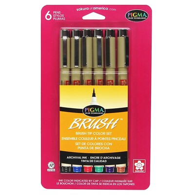 38061 Sakura Pigma Brush Art Drawing Pen Set, 1 Pack of 6 Colors
