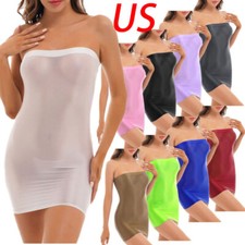 Womens Tube Dress Oil Glossy Mini Dress Bodycon SeeThrough Nightwear Clubwear