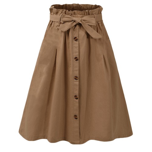 Women Flared Midi Skirt High Waist Bow Belt Button Down Swing A-line Pleated