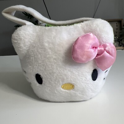 2007 Hello  Kitty Plush Easter Basket Sanrio  With Pink Bow Mini Basket For Kids