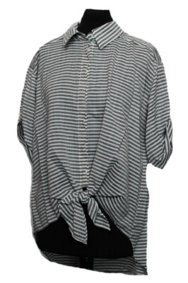 DAMEN BLUSE KURZARM HEMDBLUSE ZUM KNOTEN GESTREIFT ECRU GRAU BCBGeneration Gr. M