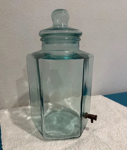 Vintage Green Glass Lemonade Iced Tea Drink Dispenser Brass Spigot Italy 15"