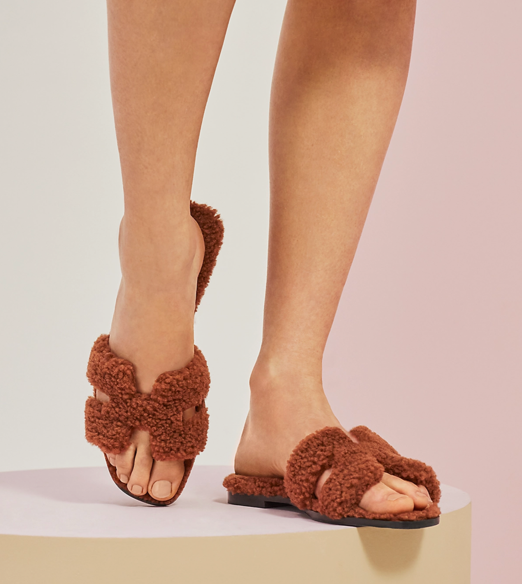 Hermes Oran Teddy Shearling Fur Brown H Logo Slide Sandal Mule
