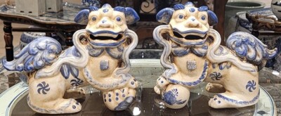 Pair Of Blue, White Porcelain Chinese Foo Dogs. Hand Painted (6.5''H, each)