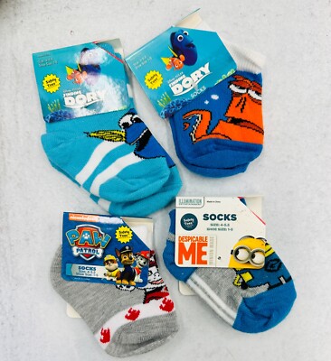 4 pairs Boys' Novelty Socks Dory Paw Patrol Minion Hank Size 4-4.5