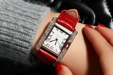 PU Leather Womens Classic Dress Rhinestone Rectangle Analog Quartz Wrist Watches