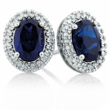 2ct Simulated Dark Blue Sapphire Halo Design Stud Earrings 14k White Gold Plated