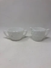 Vintage Jeanette Glass Cream & Sugar Set Waffle Pattern Milk Glass Depression