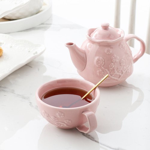 MALACASA Porzellan Hellrosa Teeset Geprägtes Blumenmuster Teekanne mit 1 Tasse - Bild 6 von 10