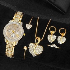 Women's Gold Quartz Watch Jewellery Set Necklace Ring Earrings Gift