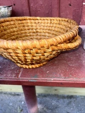 Hand Coiled Seagrass Gathering  Basket With Handles Footed Fruit Table 13x6”