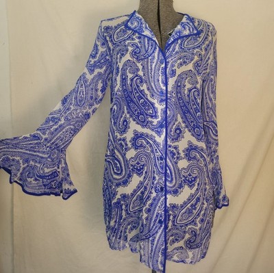 Vintage 90s Y2K Linea 100% Silk Blue And White Paisley Sheer Top Ruffle Button S