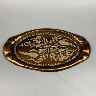 Vintage Kupfertablett Oval Handgraviert Orient Tulpenmotiv Deko Tablett Kupfer - Bild 1 von 3