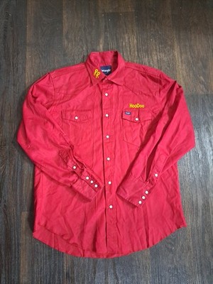 Wrangler Shirt Mens L Red Ruff Rider Embroidered We Just Came To Ride Our Horse 