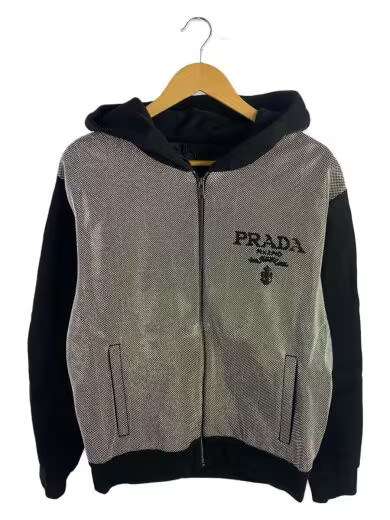 PRADA/Studded Front Logo Zip Hoodie/M/Cotton/Silver/UJL02A S221 10AT
